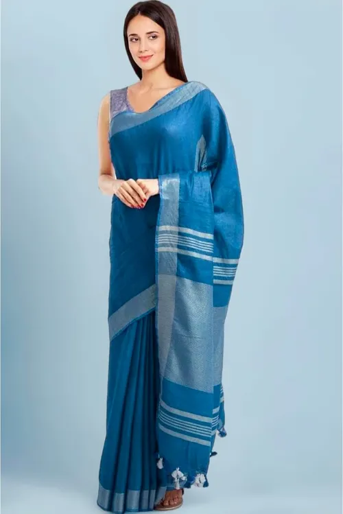 Elegant Teal Blue Linen Saree with Silver Zari Border and Striped Pallu